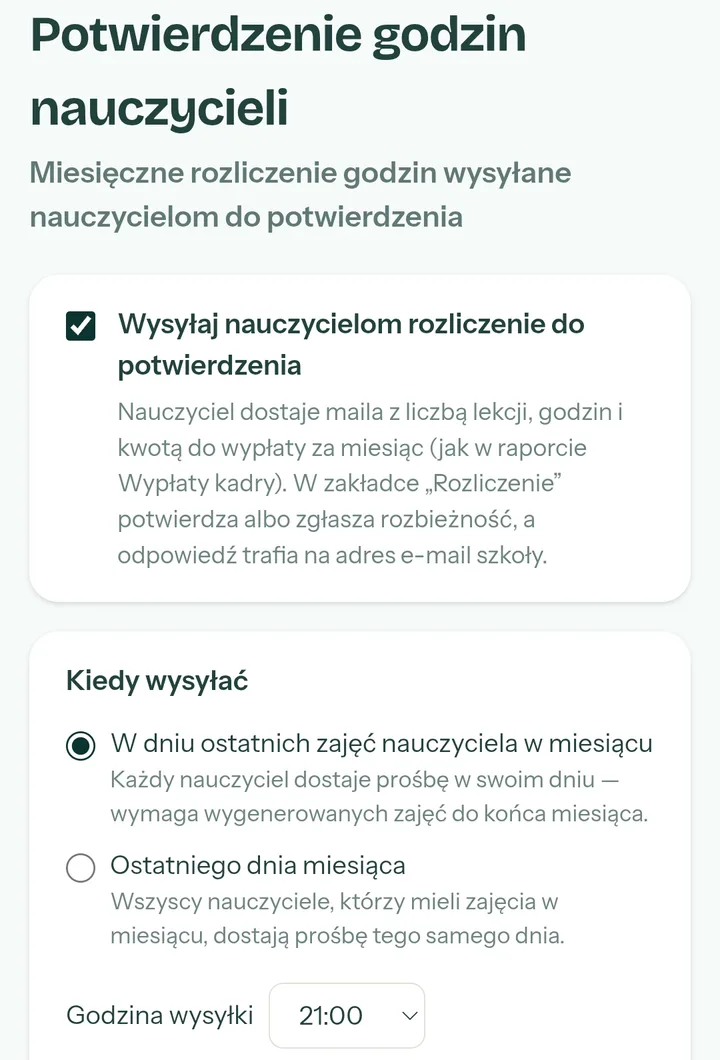 Ustawienia „Potwierdzenie godzin nauczycieli” w Klasera — miesięczne rozliczenie lektora