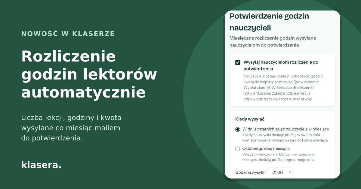 Rozliczenie godzin lektorów w Klasera — ustawienia potwierdzenia godzin nauczycieli